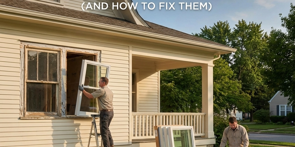 Professional window replacement in Delmar DE showing contractors removing old windows and installing new energy-efficient replacement windows on a residential home.