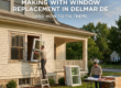 Professional window replacement in Delmar DE showing contractors removing old windows and installing new energy-efficient replacement windows on a residential home.