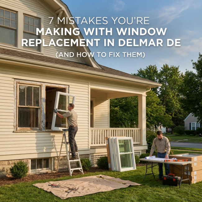 Window Replacement Delmar DE | Common Mistakes & Expert Installation Tips Professional window replacement in Delmar DE showing contractors removing old windows and installing new energy-efficient replacement windows on a residential home.