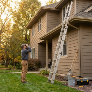 Homeowner inspecting a residential roof with binoculars in Delmar, DE, using a ladder and tools to assess potential issues and ensure storm damage roof protection in Delmar DE.