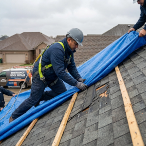 Professional roofing crew installing a protective tarp over a storm-damaged roof in Delmar, DE, providing emergency coverage and storm damage roof protection to prevent further water intrusion.