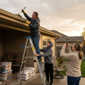 Family performing preventative roof and gutter maintenance at a home in Delmar, DE, documenting work and clearing debris to improve storm damage roof protection before severe weather.