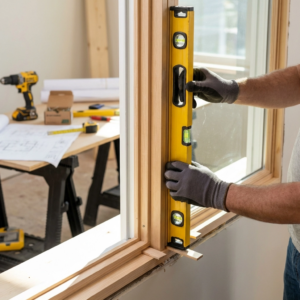 Contractor using a level to ensure proper alignment during window replacement in Delmar DE, a critical step for correct flashing, sealing, and long-term performance.