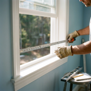 Professional measuring a window opening during a window replacement project in Delmar DE to ensure proper fit, sealing, and energy efficiency.