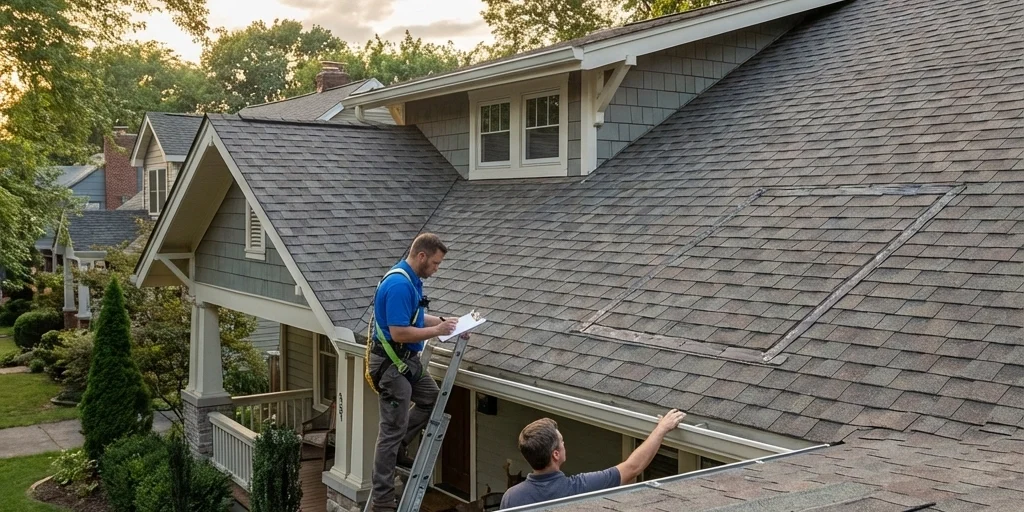 Contractors inspecting and reinforcing a residential roof as part of storm damage roof protection in Delmar DE, preparing shingles and flashing to prevent weather-related damage.