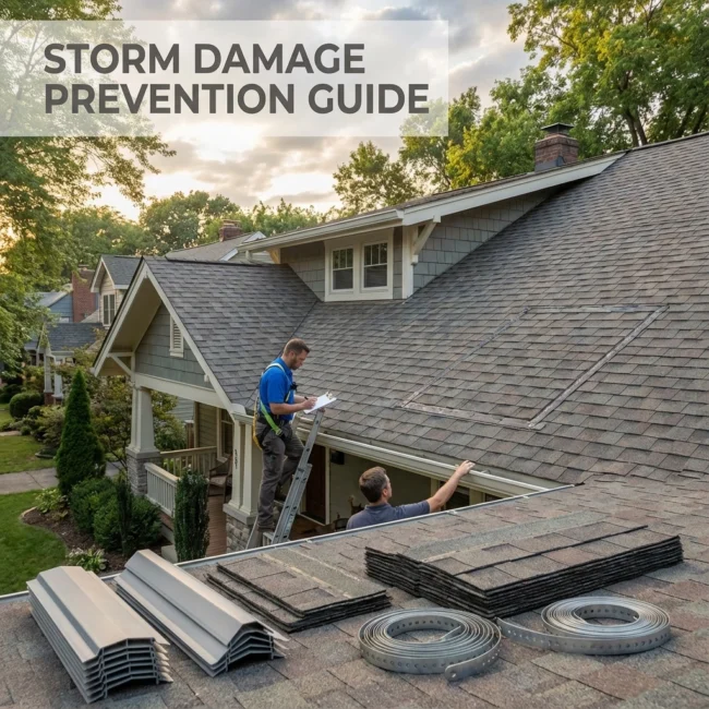 Storm Damage Roof Protection Delmar DE | Prevention & Inspection Guide Contractors inspecting and reinforcing a residential roof as part of storm damage roof protection in Delmar DE, preparing shingles and flashing to prevent weather-related damage.