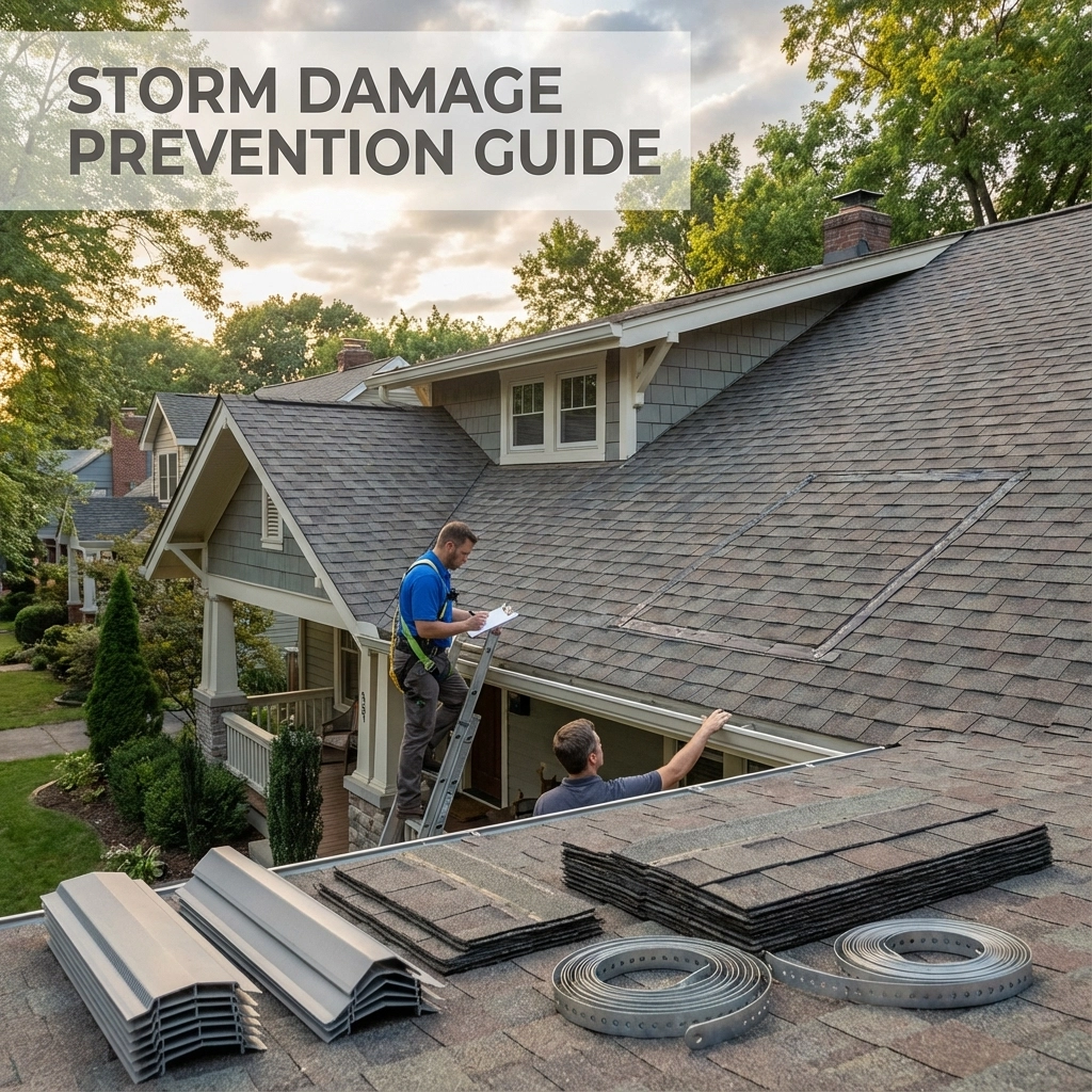 Storm Damage Roof Protection Delmar DE | Prevention & Inspection Guide Contractors inspecting and reinforcing a residential roof as part of storm damage roof protection in Delmar DE, preparing shingles and flashing to prevent weather-related damage.