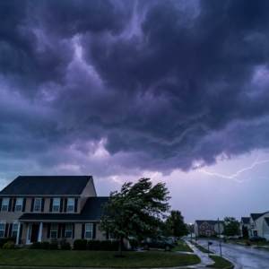 Severe thunderstorm over a residential neighborhood in Delmar, DE, with dark clouds, lightning, and strong winds highlighting the need for storm damage roof protection in Delmar DE.