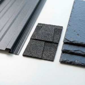 Comparison of durable roofing materials including metal panels, asphalt shingles, and slate tiles, highlighting storm damage roof protection options for homes in Delmar DE.
