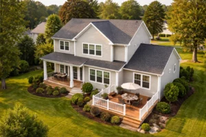 Aerial view of a Delmar, DE home with a professionally installed asphalt shingle roof, showcasing the work of a trusted local roofing contractor.