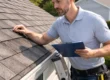 Roofing contractor inspecting asphalt shingles on a Delmar, DE home, identifying signs of wear and potential roof repair needs.