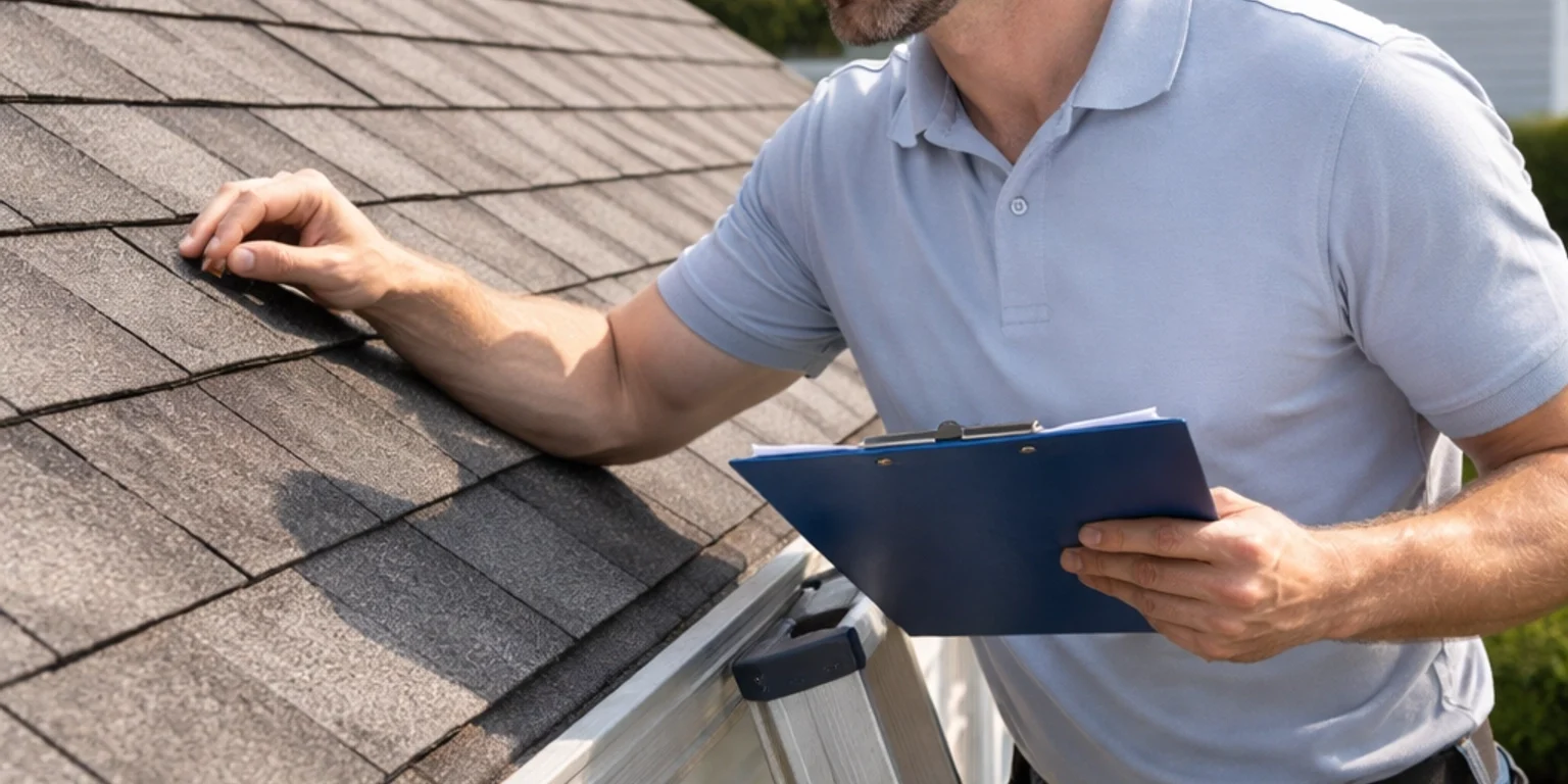 Roofing contractor inspecting asphalt shingles on a Delmar, DE home, identifying signs of wear and potential roof repair needs.