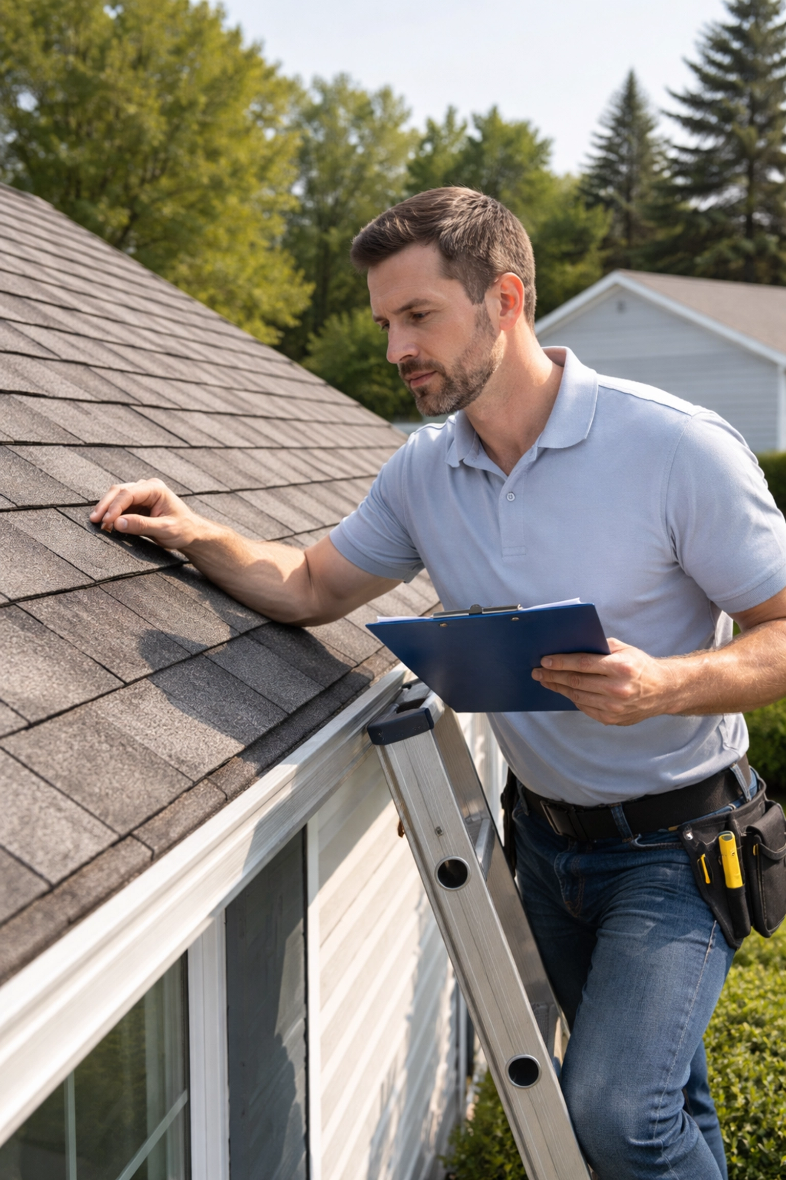 Roofing contractor inspecting asphalt shingles on a Delmar, DE home, identifying signs of wear and potential roof repair needs.