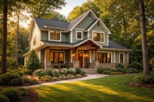 Craftsman-style home in Delmar, DE featuring natural siding, stone accents, and a landscaped yard surrounded by mature trees.