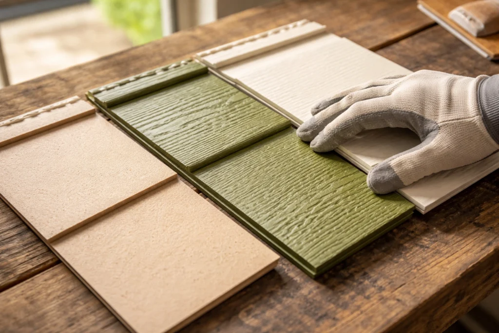 Close-up of natural siding material samples in neutral and green tones, highlighting texture and finish options for homes in Delmar, DE.