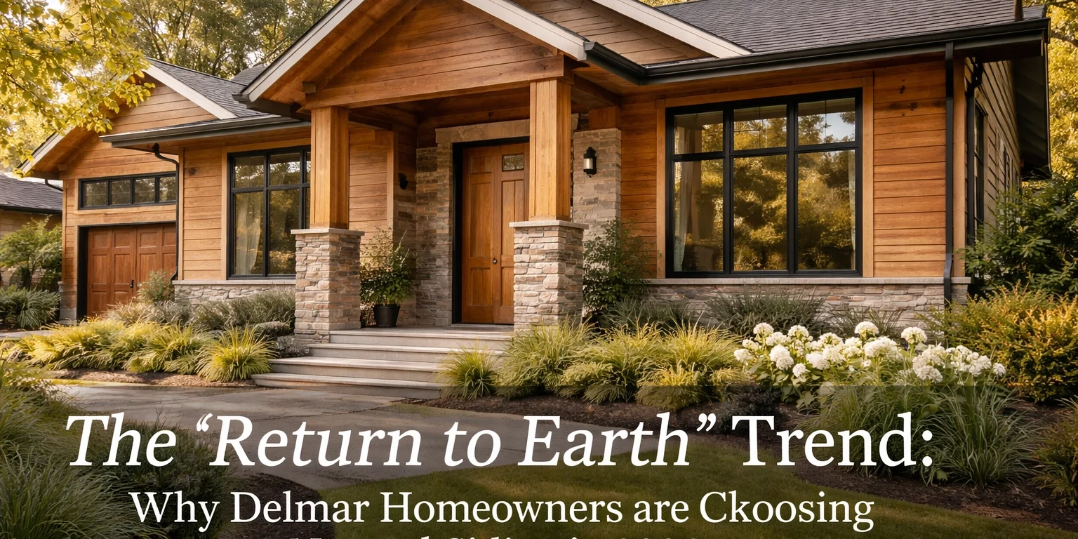 Modern Delmar, DE home featuring natural wood siding and stone accents, showcasing the growing trend toward natural siding for durability and curb appeal in 2026.