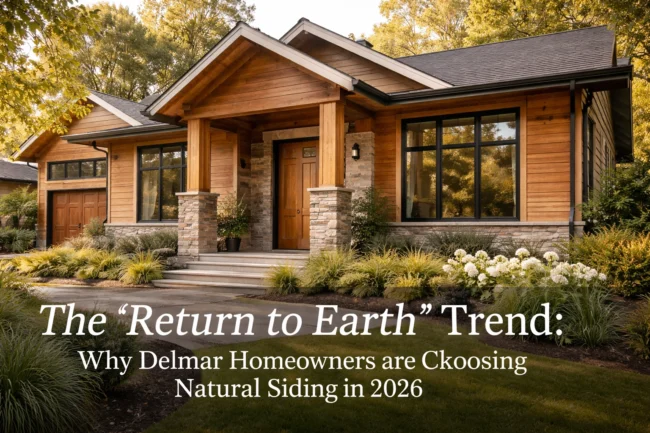 Natural Siding Delmar DE | Why Homeowners Are Choosing Natural Siding in 2026 Modern Delmar, DE home featuring natural wood siding and stone accents, showcasing the growing trend toward natural siding for durability and curb appeal in 2026.