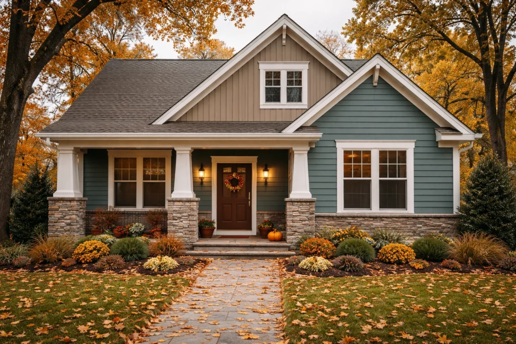 Delmar, DE home with natural siding in soft green and neutral tones, featuring stone accents and a fall landscape designed for durability and curb appeal.