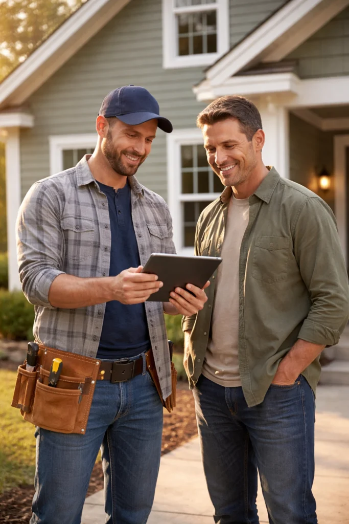 Homeowner and contractor reviewing exterior project details in front of a Delmar, DE home with natural siding and modern curb appeal.
