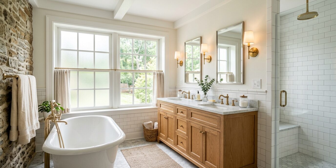Full bathroom renovation in Chester County PA Colonial home with soaking tub and double vanity