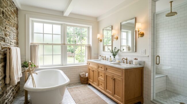 Full bathroom renovation in Chester County PA Colonial home with soaking tub and double vanity