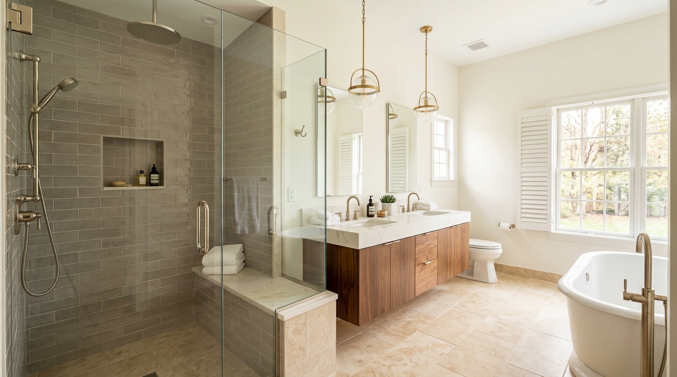 Luxury full gut bathroom renovation with heated tile floors and frameless glass shower in Chester County PA