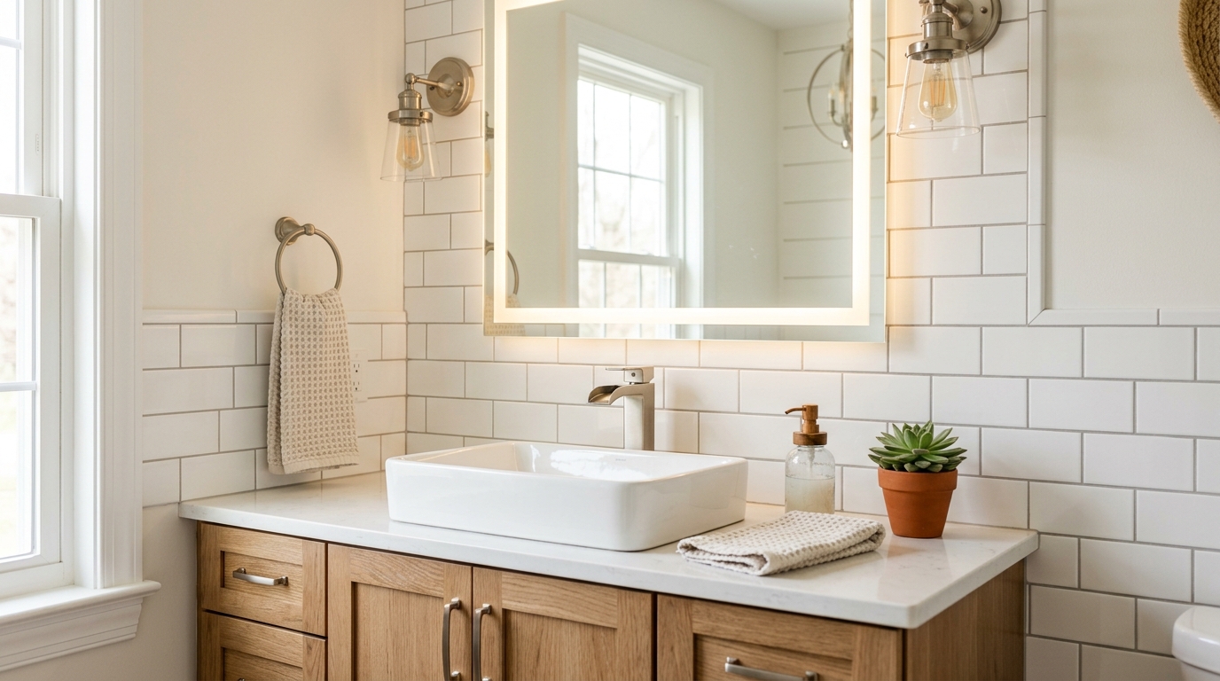 Partial bathroom refresh with updated vanity, subway tile and brushed nickel fixtures in Chester County PA home
