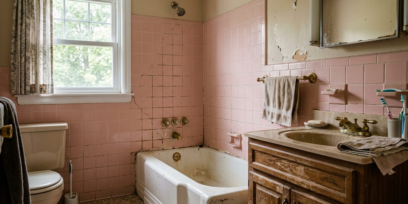 Outdated bathroom in Chester County PA home showing signs it needs remodeling — cracked grout, old fixtures, worn tile