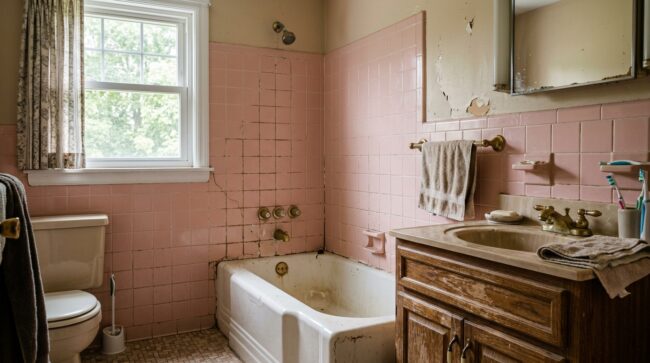 Outdated bathroom in Chester County PA home showing signs it needs remodeling — cracked grout, old fixtures, worn tile