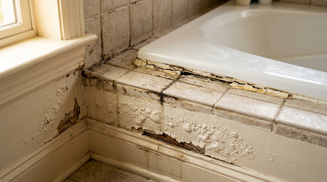 Bathroom water damage warning signs — cracked caulk, discolored grout and mildew near tub in Chester County PA home
