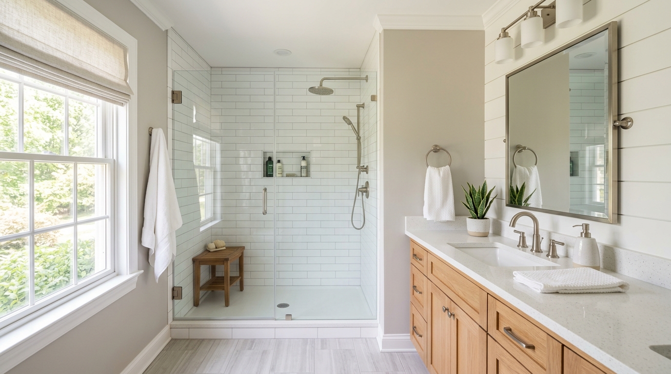 Beautifully renovated modern bathroom in Chester County PA Colonial home — white subway tile, frameless glass shower, new vanity