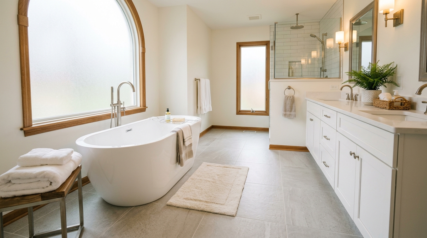 Luxury vinyl plank LVP flooring in a modern Chester County PA bathroom — warm wood-look, waterproof, budget-friendly