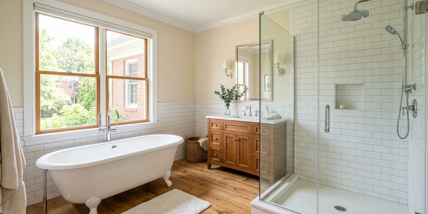 Walk-in shower vs freestanding soaking tub comparison in a Chester County PA primary bathroom renovation
