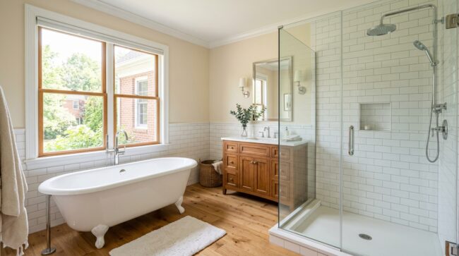 Walk-in shower vs freestanding soaking tub comparison in a Chester County PA primary bathroom renovation