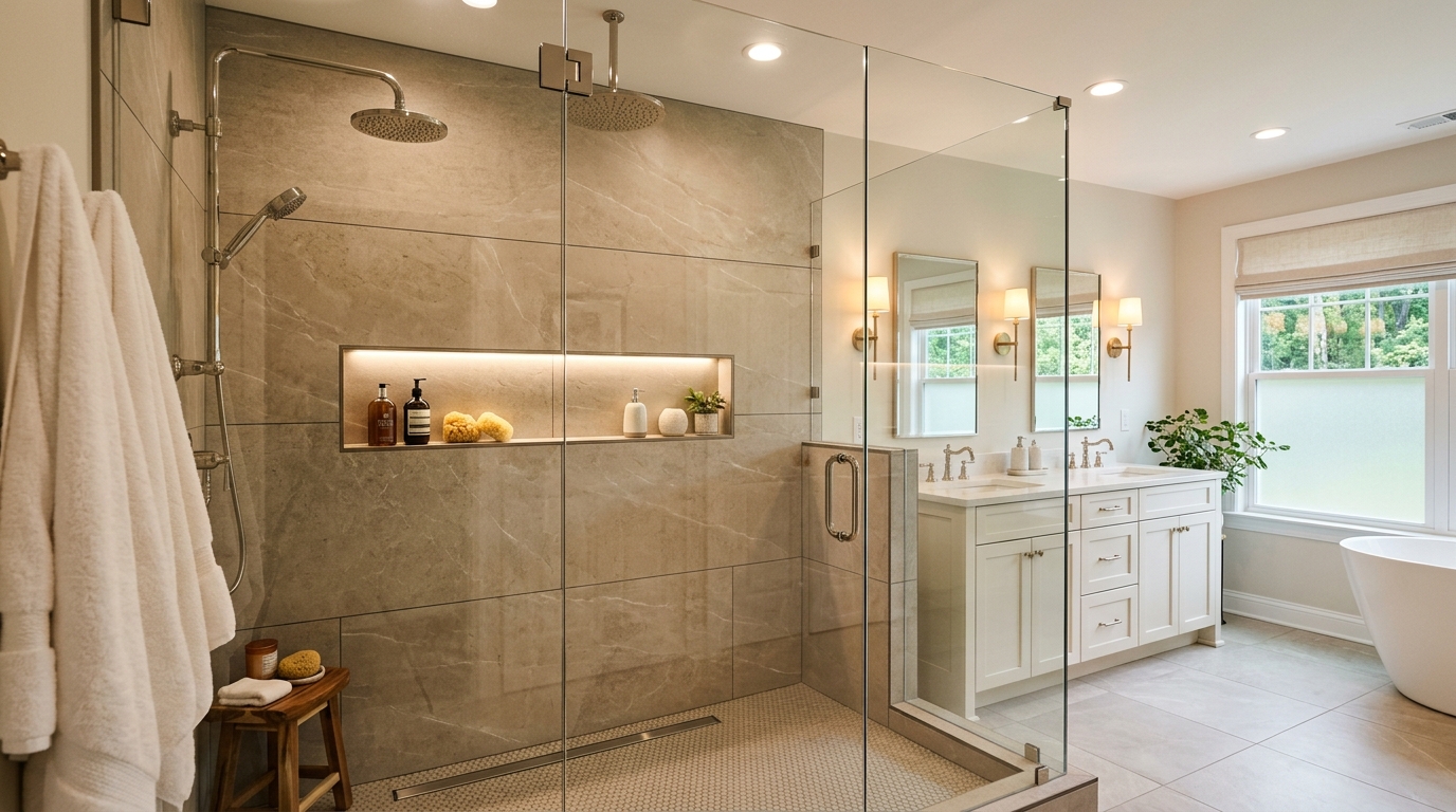 Frameless glass walk-in shower with rainfall head and built-in niche in a Chester County PA primary bathroom