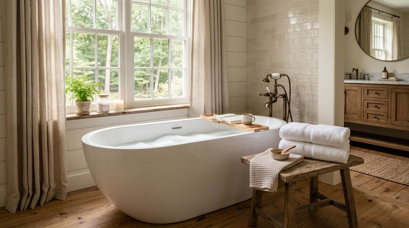 Freestanding soaking tub with natural light in a Chester County PA bathroom renovation — spa-like and relaxing