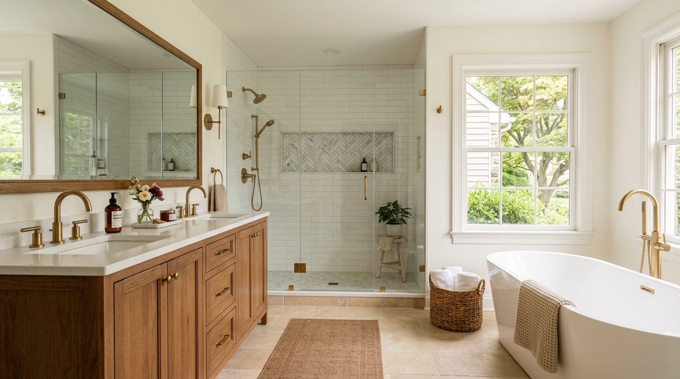 Beautifully finished primary bathroom renovation in Chester County PA — new vanity, frameless shower, fresh tile, bright natural light