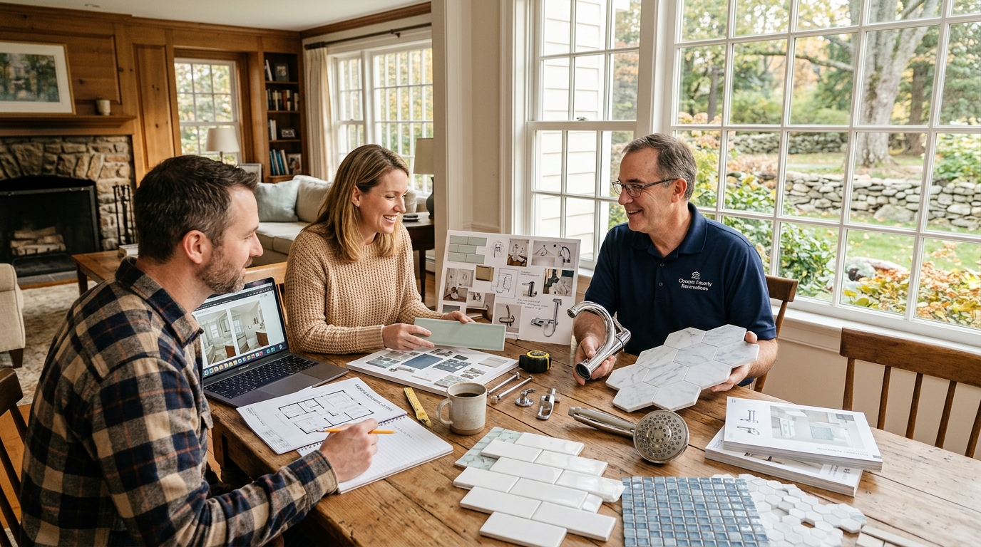 Homeowner reviewing bathroom renovation tile and fixture samples with contractor in Chester County PA — planning a remodel