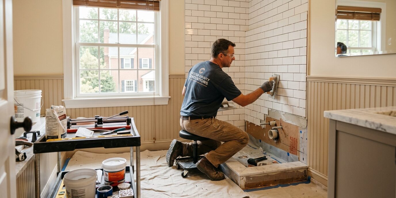 Bathroom remodel in progress in a Chester County PA home — professional contractor tile installation, clean organized job site