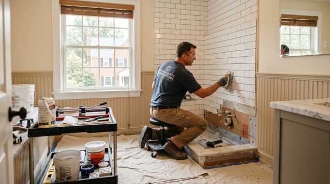 Bathroom remodel in progress in a Chester County PA home — professional contractor tile installation, clean organized job site