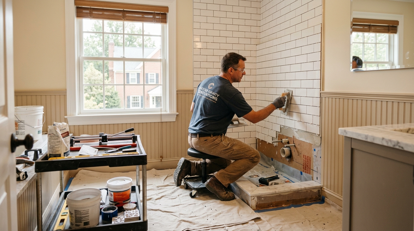 Bathroom remodel in progress in a Chester County PA home — professional contractor tile installation, clean organized job site