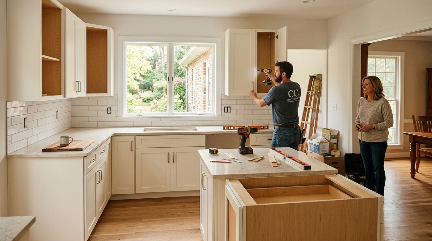 Mid-range kitchen renovation in Chester County PA — new semi-custom cabinets, fresh tile backsplash, bright open layout