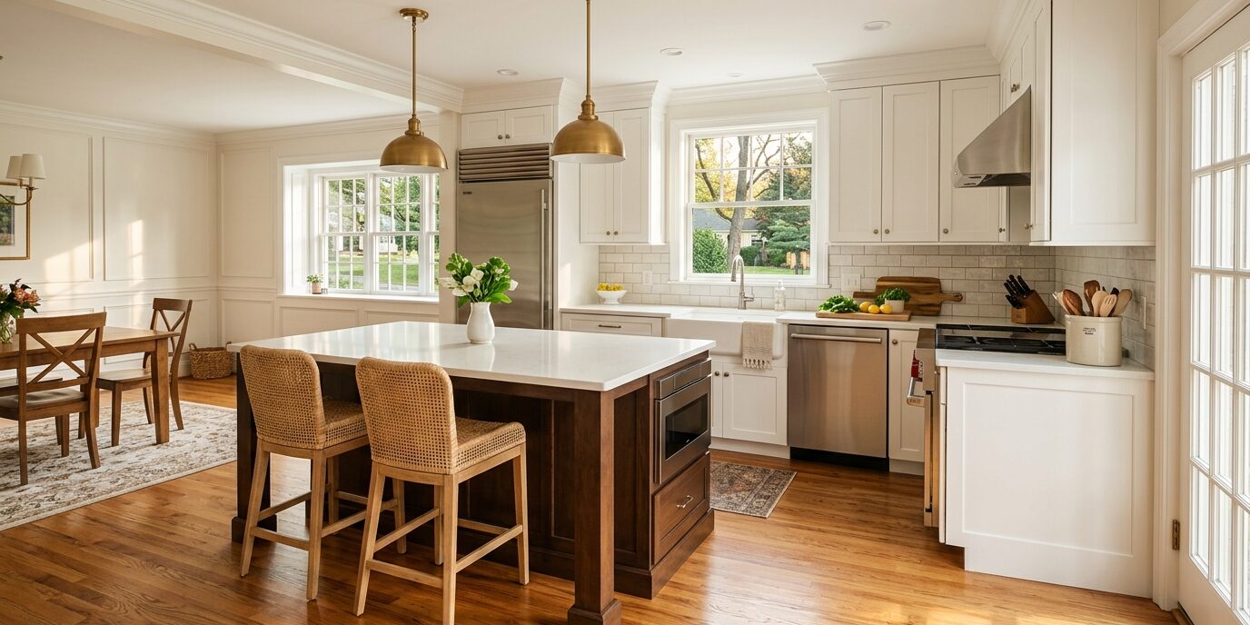 Beautiful newly remodeled kitchen in a Chester County PA Colonial home — white shaker cabinets, quartz countertops, hardwood floors