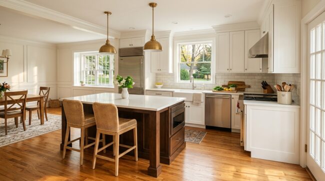Beautiful newly remodeled kitchen in a Chester County PA Colonial home — white shaker cabinets, quartz countertops, hardwood floors