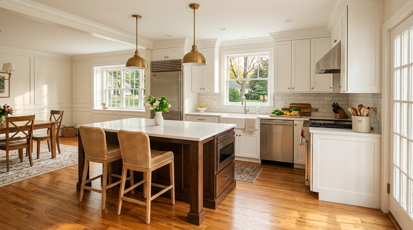 Beautiful newly remodeled kitchen in a Chester County PA Colonial home — white shaker cabinets, quartz countertops, hardwood floors