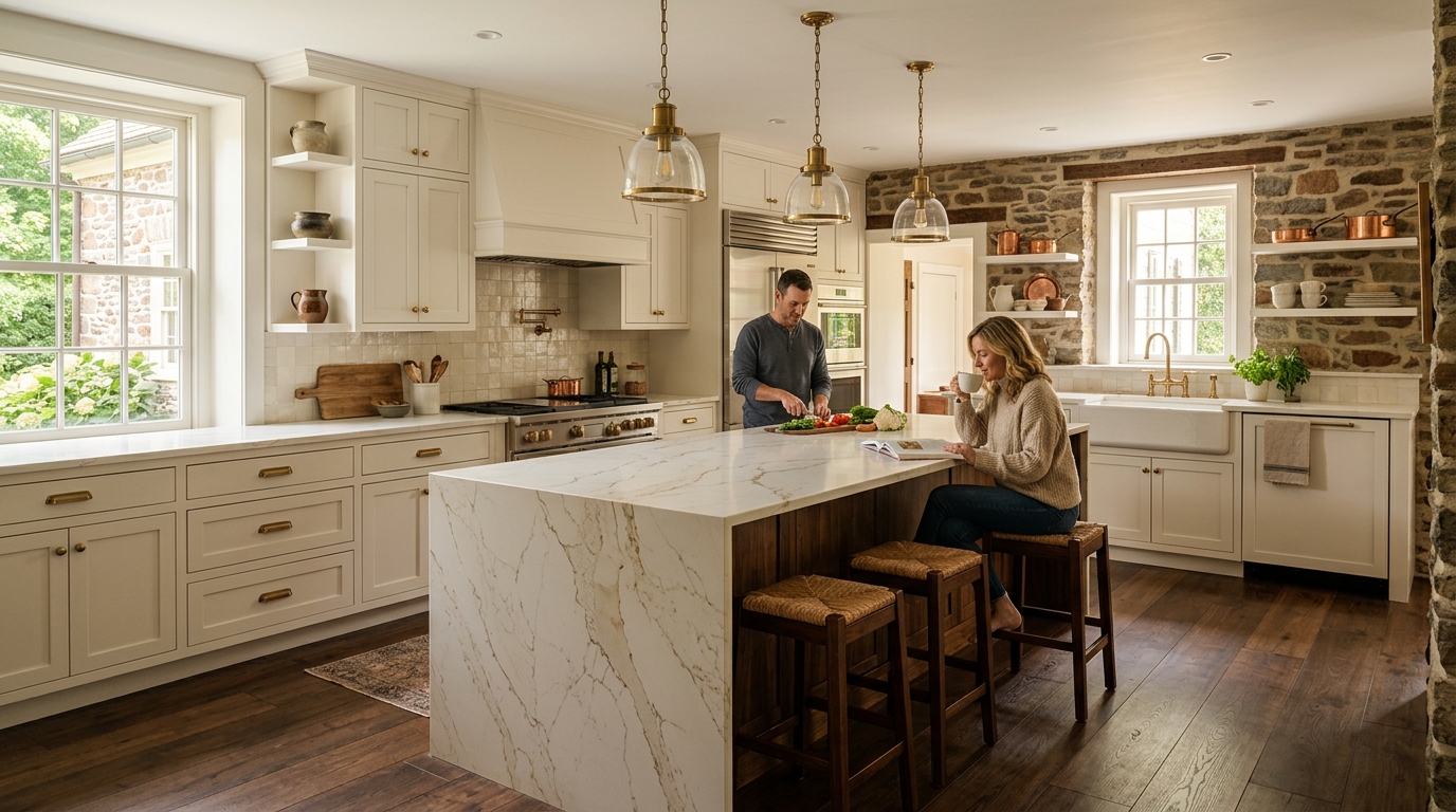 High-end luxury kitchen remodel in a Chester County PA stone Colonial — custom cabinetry, waterfall quartz island, professional appliances
