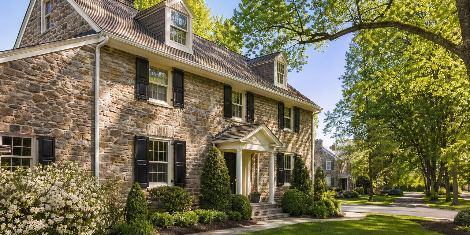 Stone Colonial home in Chester County PA with seamless gutters and gutter guards installed along the roofline