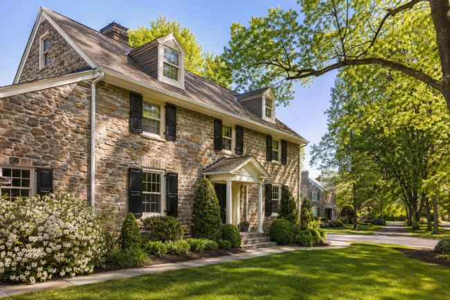 Stone Colonial home in Chester County PA with seamless gutters and gutter guards installed along the roofline