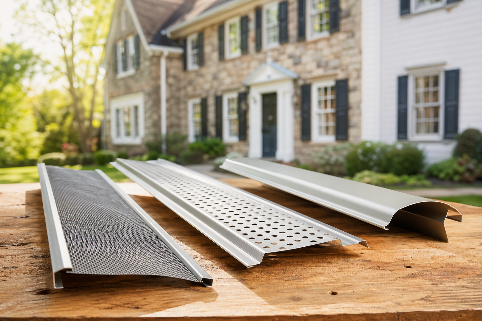 Different types of gutter guards including micro-mesh, perforated aluminum, and reverse-curve systems for Chester County homes