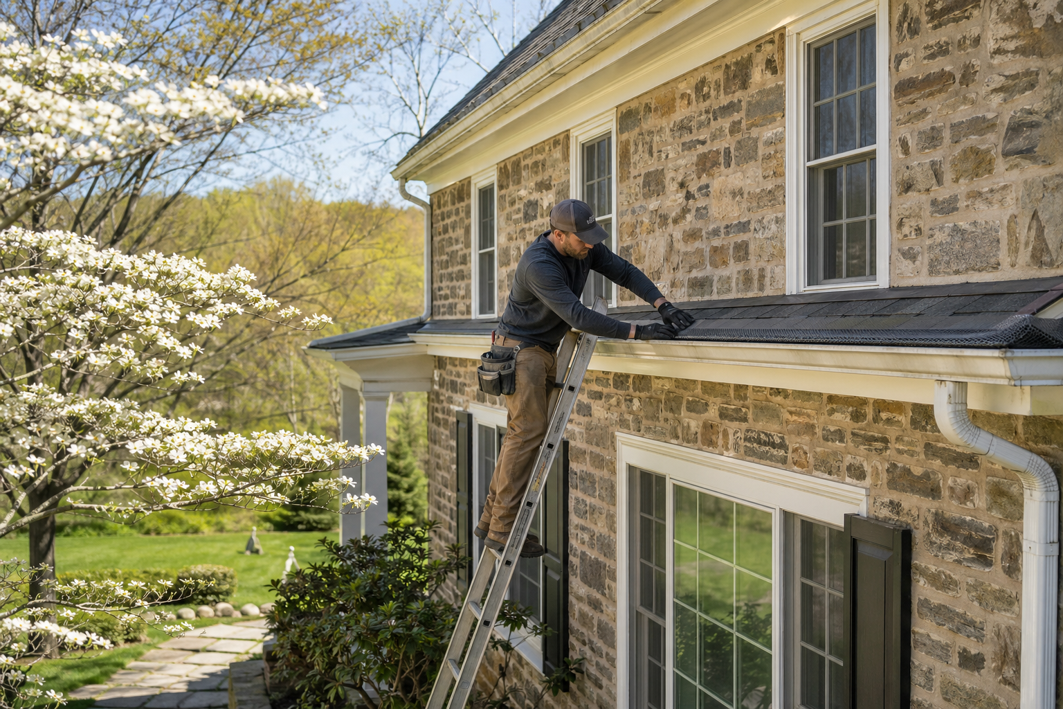 Professional gutter guard installation on a Chester County PA stone farmhouse